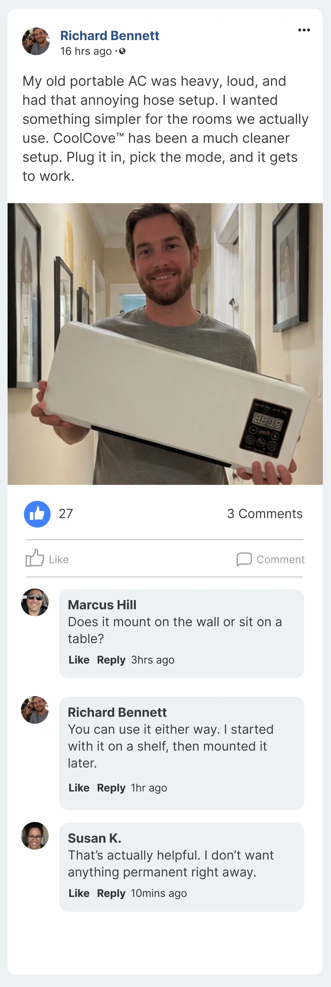 A social post from a customer praising the simple CoolCove setup