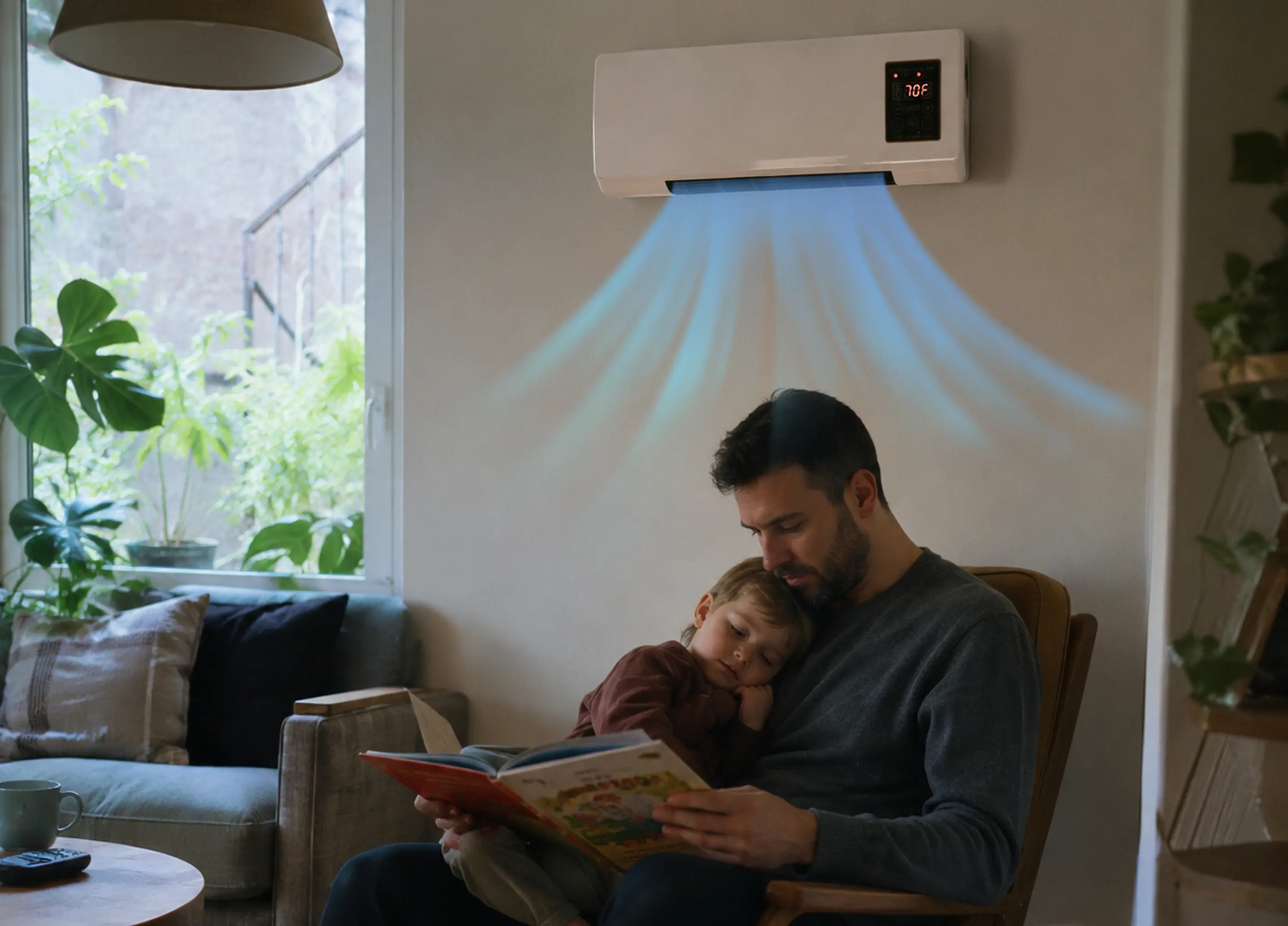 A parent reading to a sleeping child under a wall-mounted CoolCove