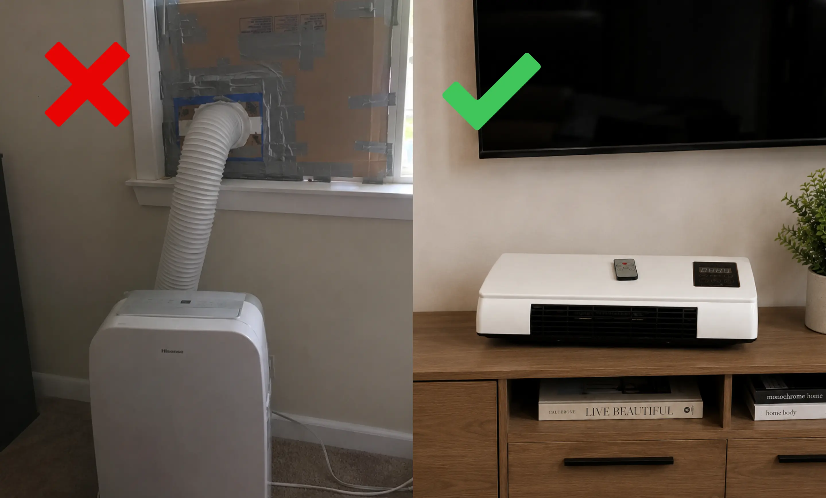 The old hosed portable AC in a window next to a clean CoolCove unit on a media console