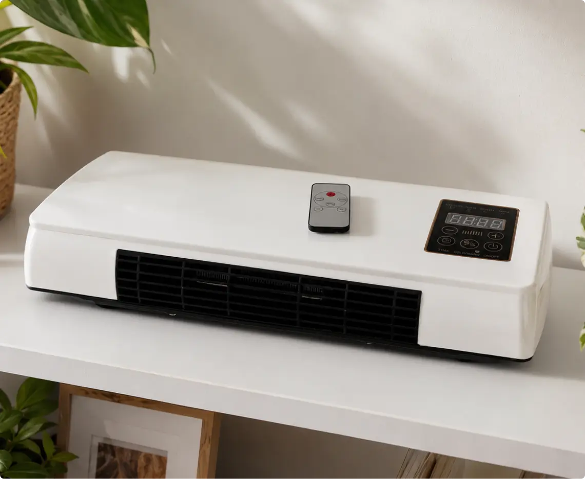 CoolCove portable air cooler on a shelf with its remote